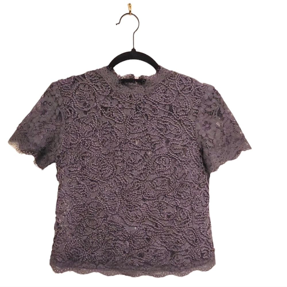 2/$18 Anne Klein Lace Embroidered Short Sleeves Dark Gray Blouse Top Mock XXS